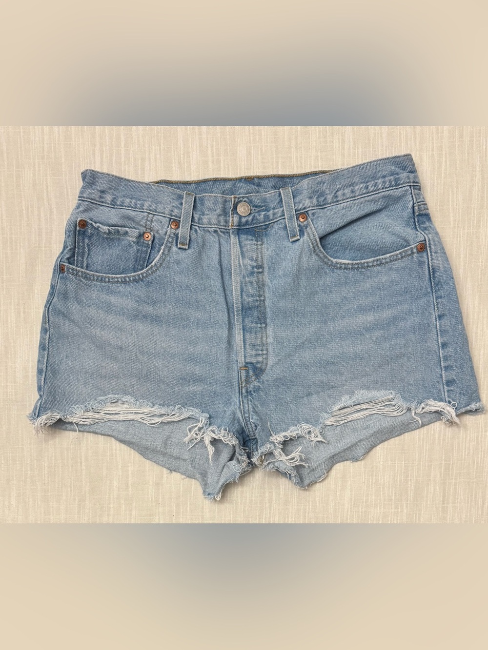 Levi's 501 Women's Blue Jean Denim Shorts Size 32 Distressed Cut-Off Button Fly